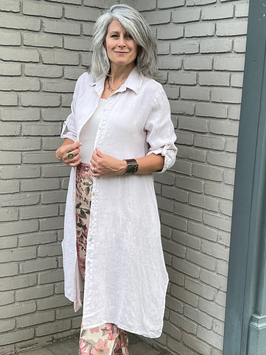 Linen Button Front Beige Shirt Dress