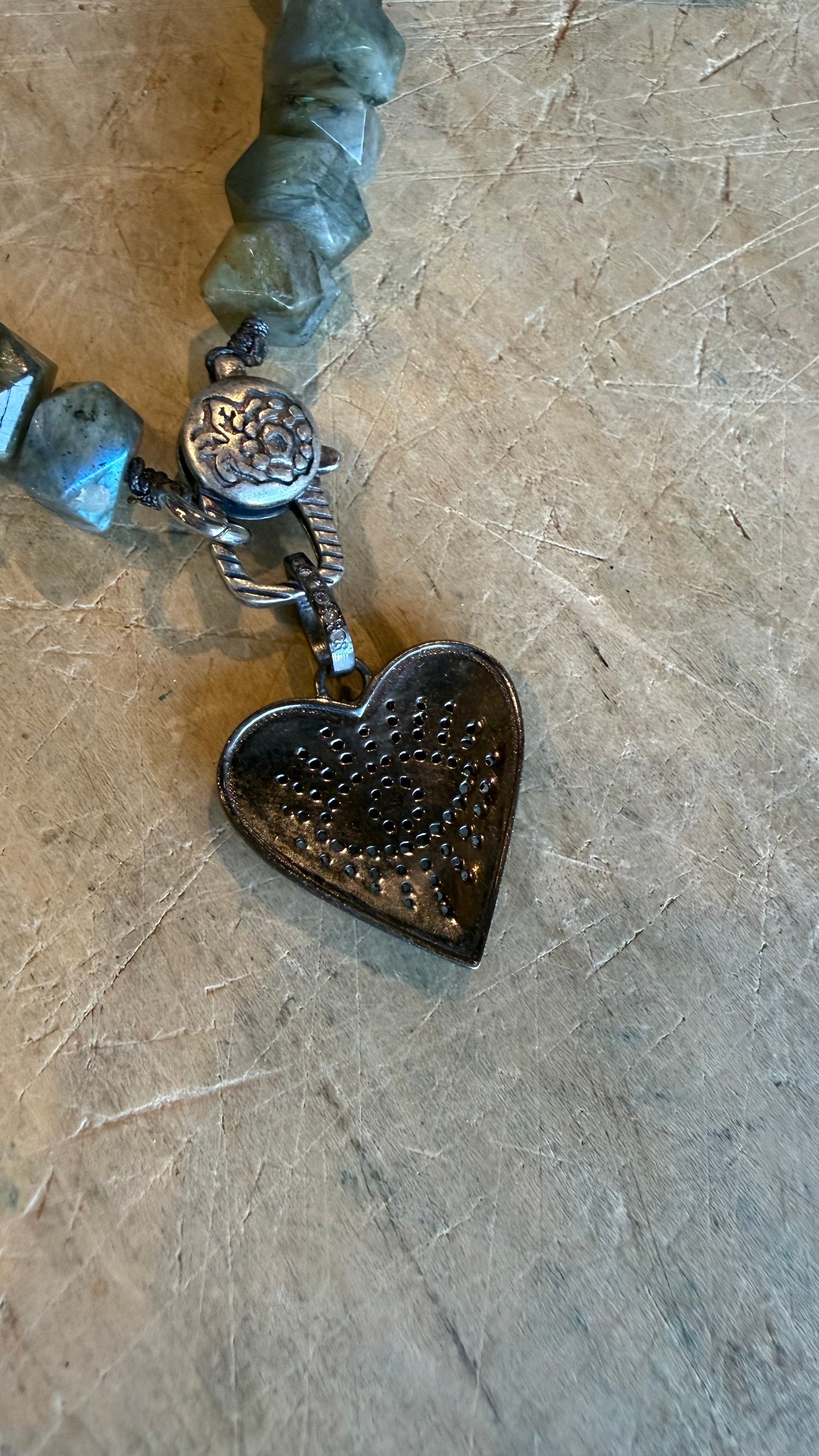Diamond Evil Eye on Labradorite Charm Holder Necklace