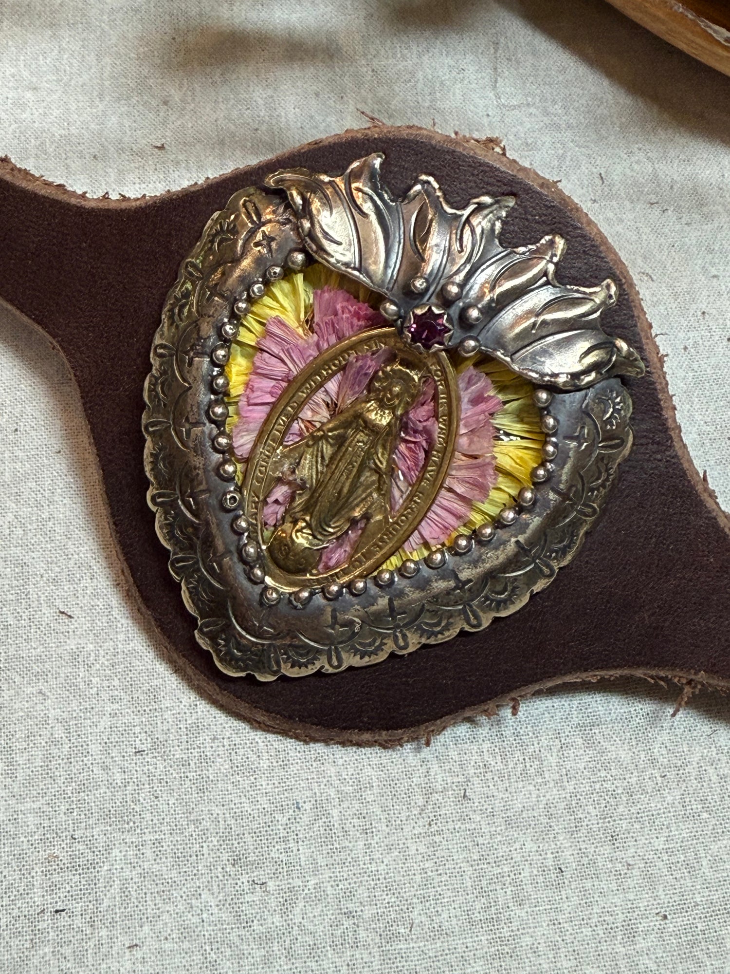 Flaming Heart with Lady of Guad Leather Cuff