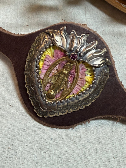 Flaming Heart with Lady of Guad Leather Cuff
