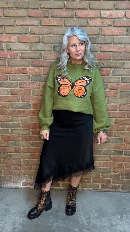 Monarch Butterfly on Green Sweater - Vintage Vault Boutique