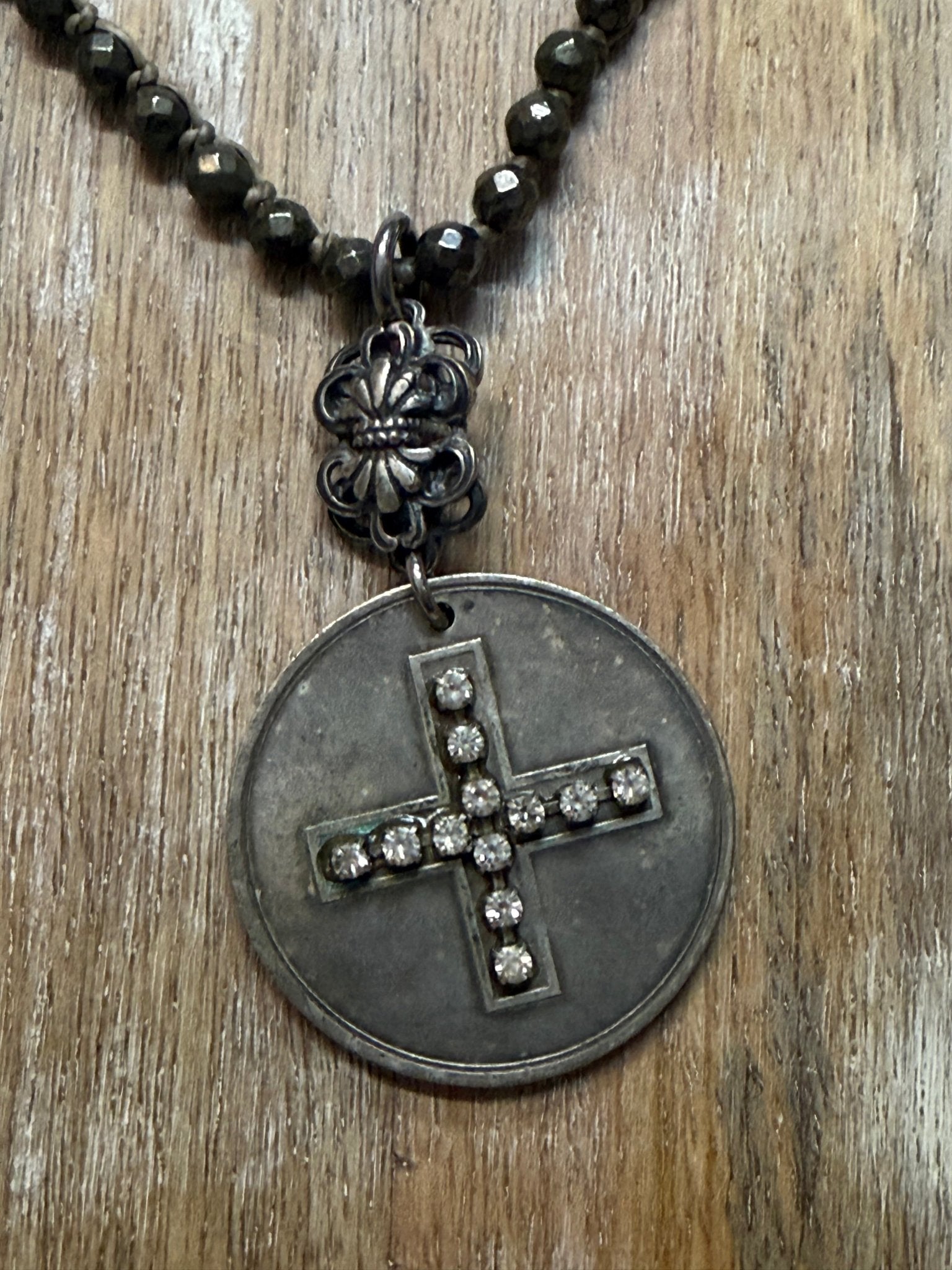 Cross Coin on Pyrite Strand Necklace - Vintage Vault Boutique