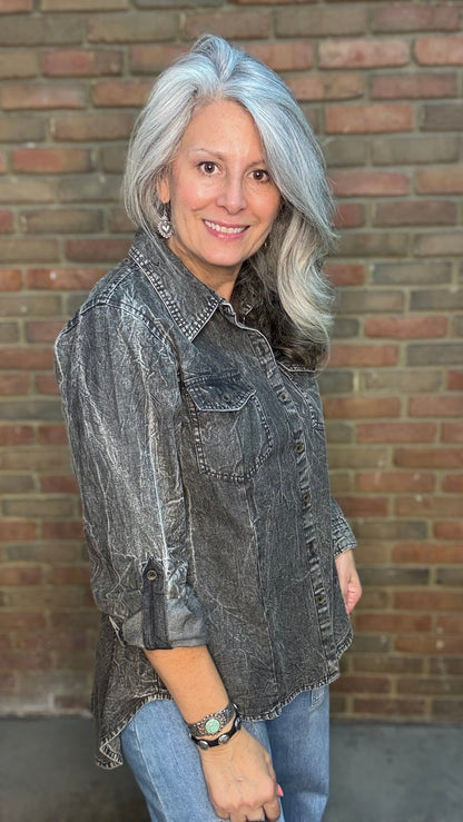 Black Denim Button-Up Embroidery Shirt - Vintage Vault Boutique