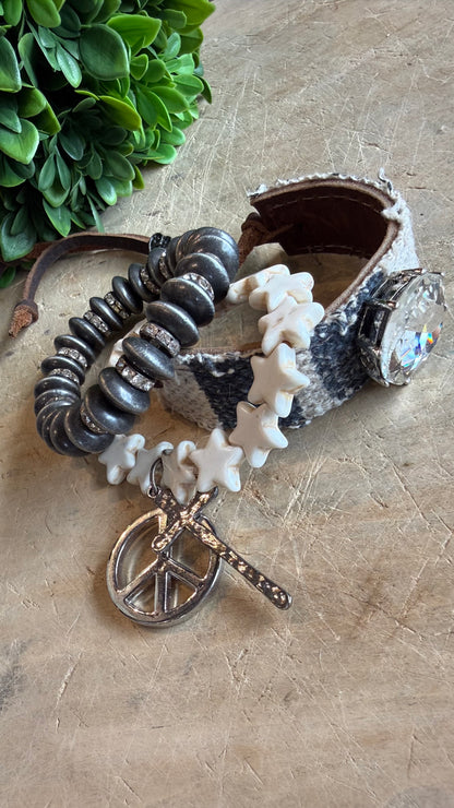Denim Peace Stars and Cross Bracelet Stack