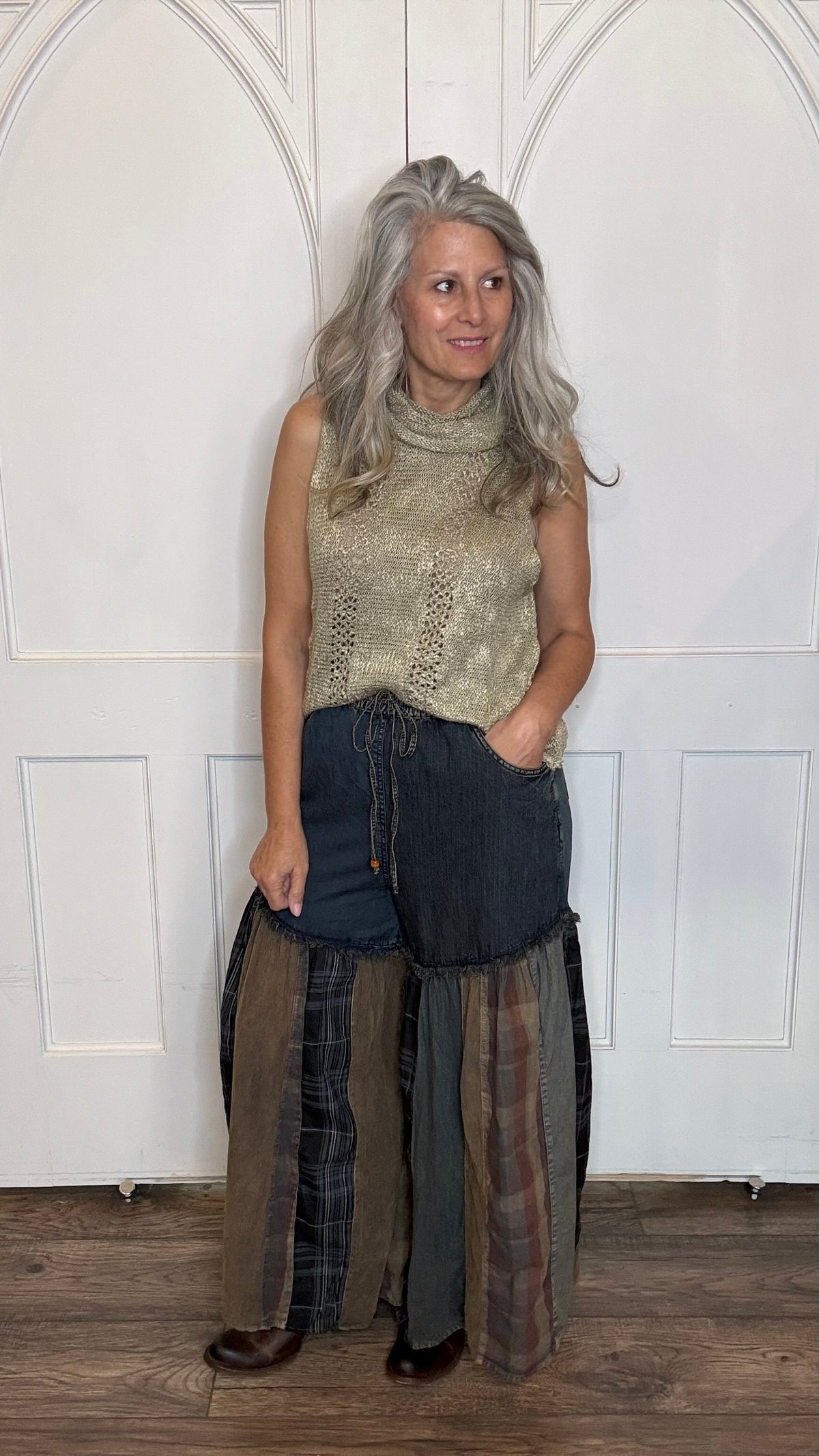 Boho Denim &amp; Plaid Wide Leg Pant