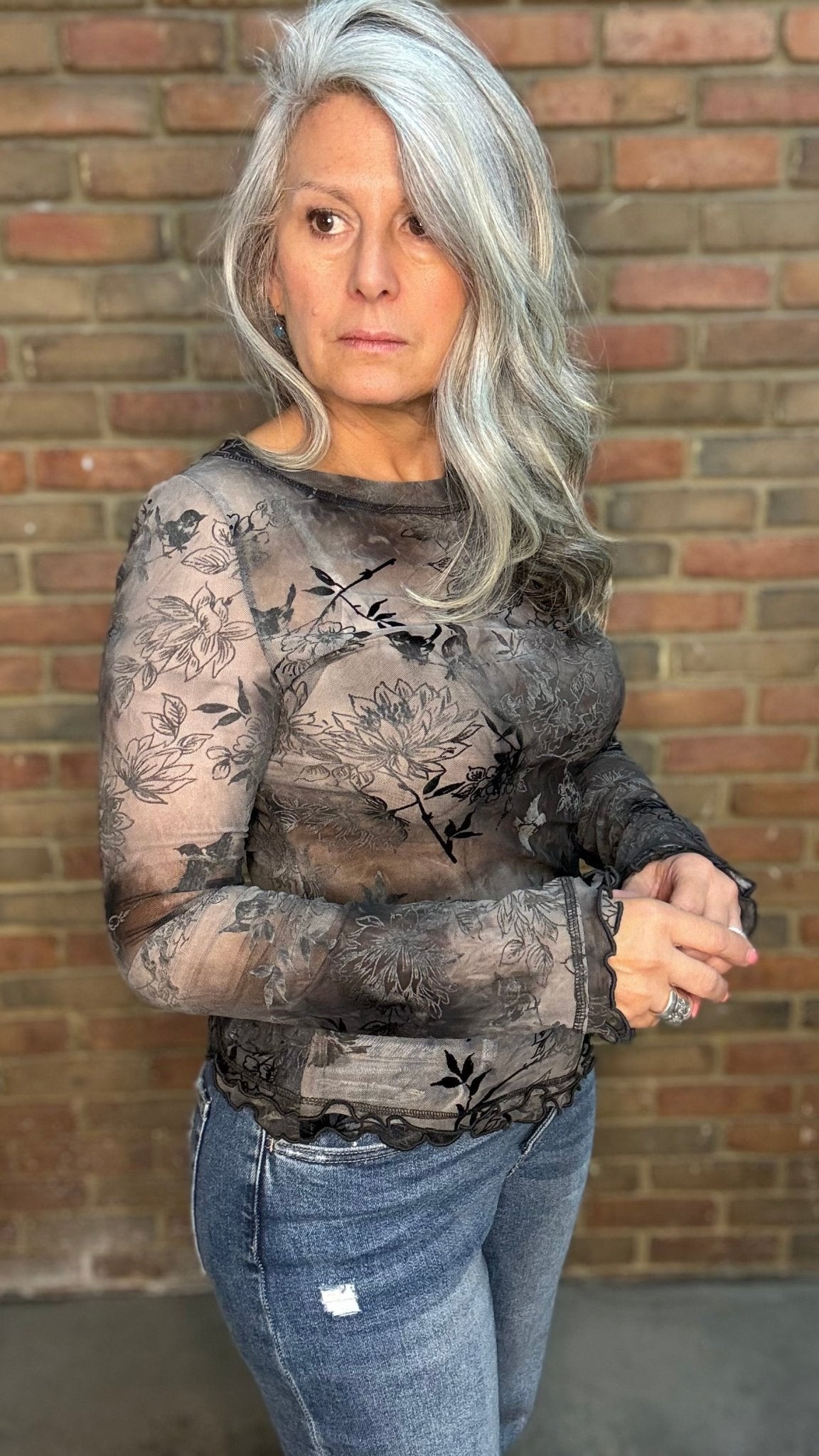 Grey Burn Out Floral Mesh Top - Vintage Vault Boutique