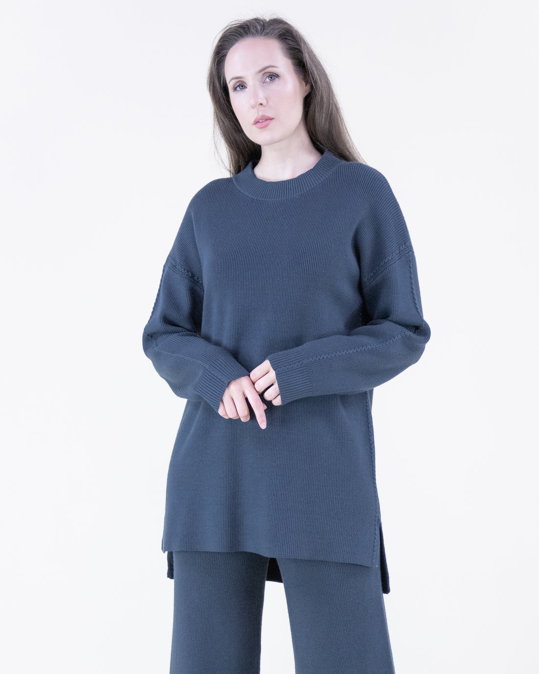 Denim Ribbed Crew Neck Sweater