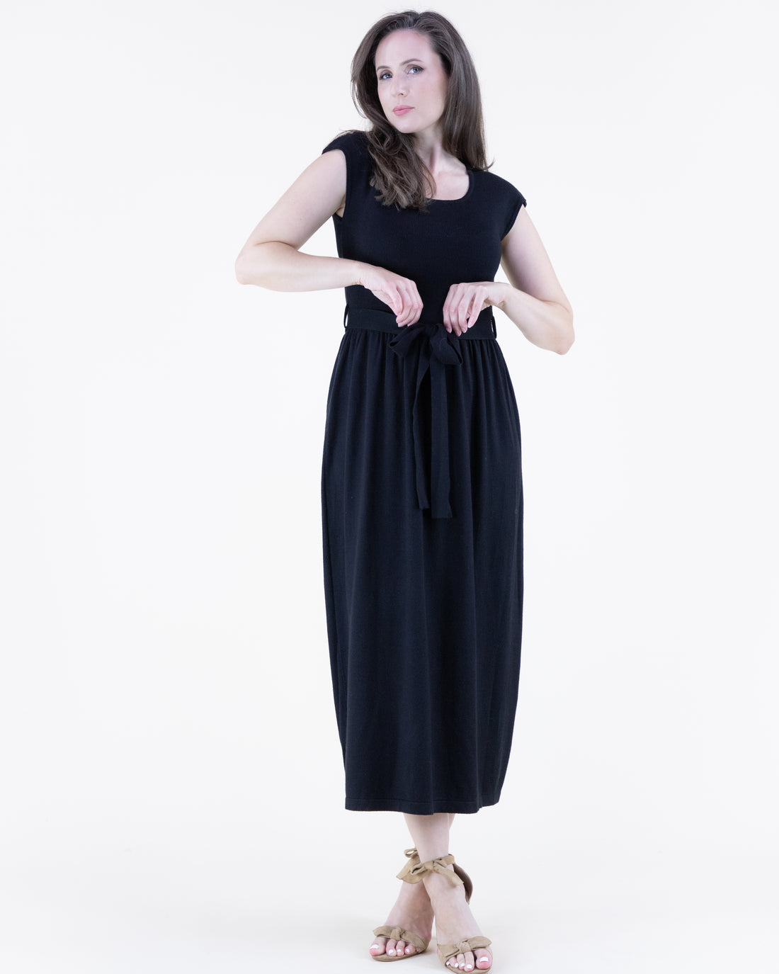 Cap Sleeve Belted Midi Sweater Dress