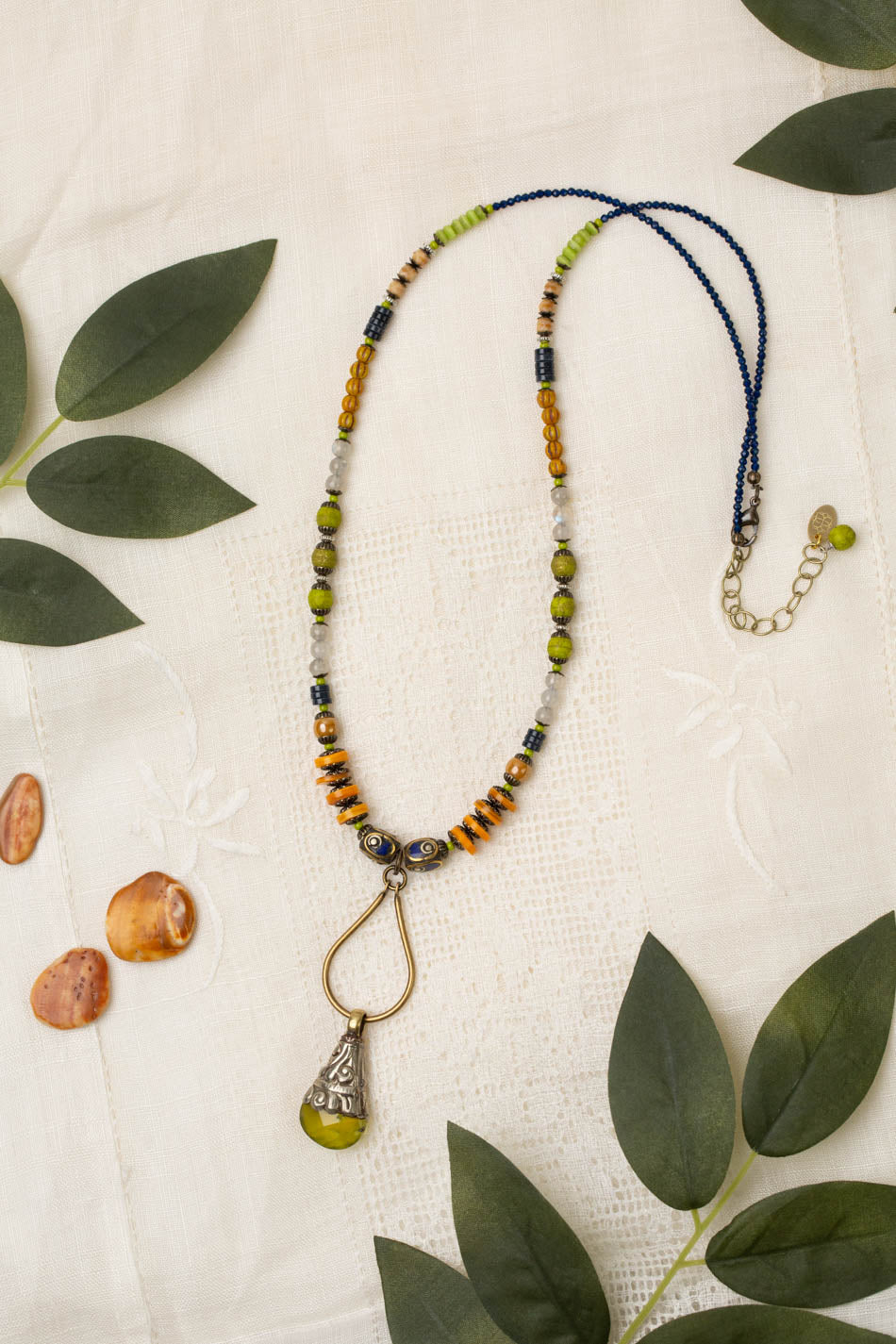 Guidance 23-25&quot; Czech Glass, Labradorite, Shell With Serpentine Droplet Statement Necklace