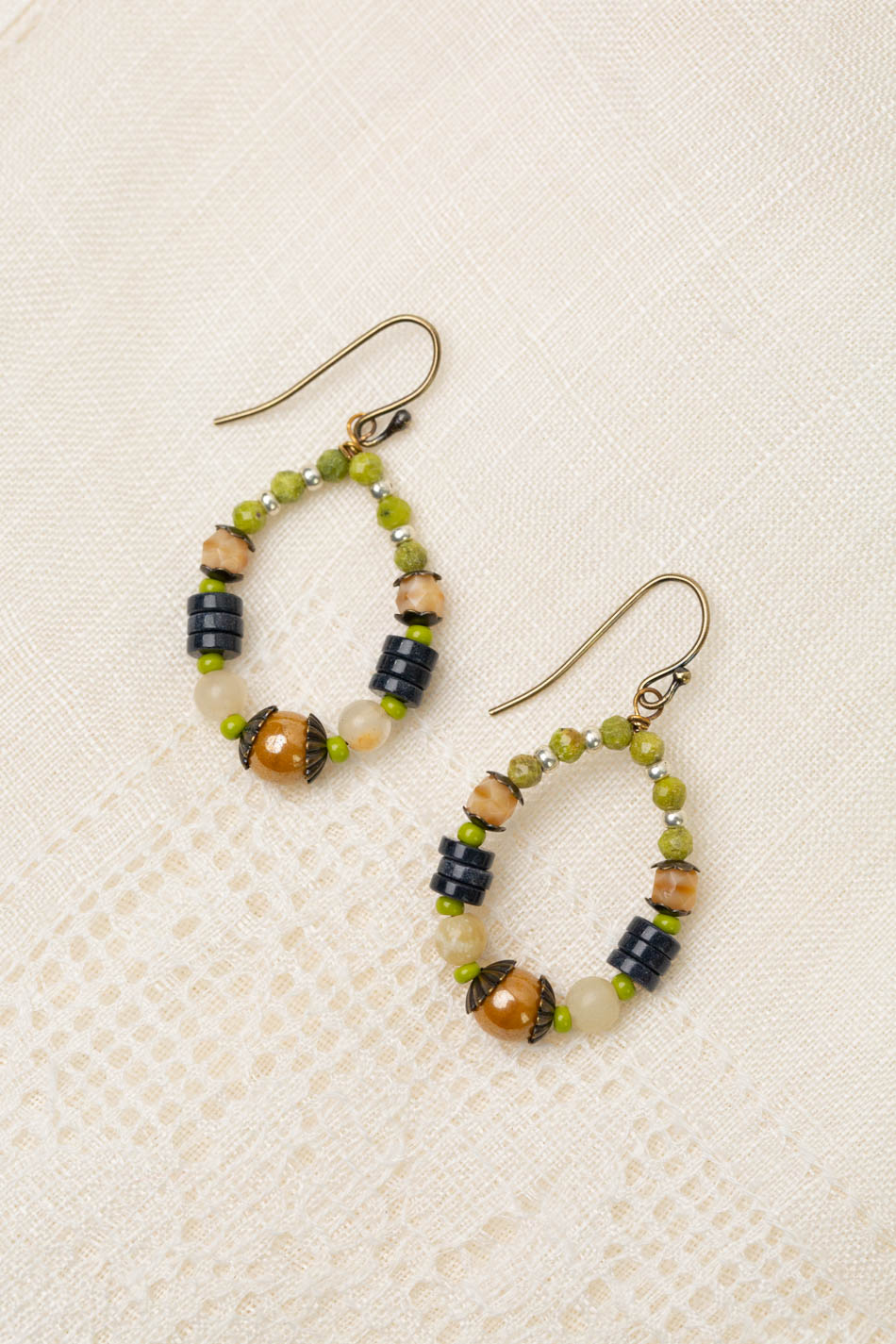 Guidance Faceted Serpentine, Czech Glass, Porcelain Hoop Earrings