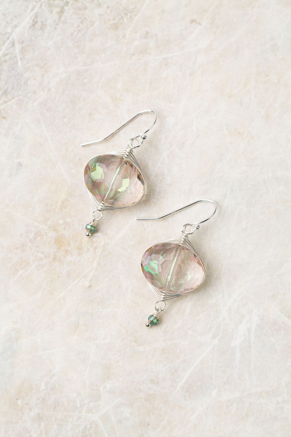 Herringbone Faceted Light Pink Crystal With Rainbow Shift Herringbone Earrings