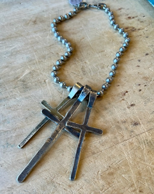 Triple Cross on Ball Chain Necklace