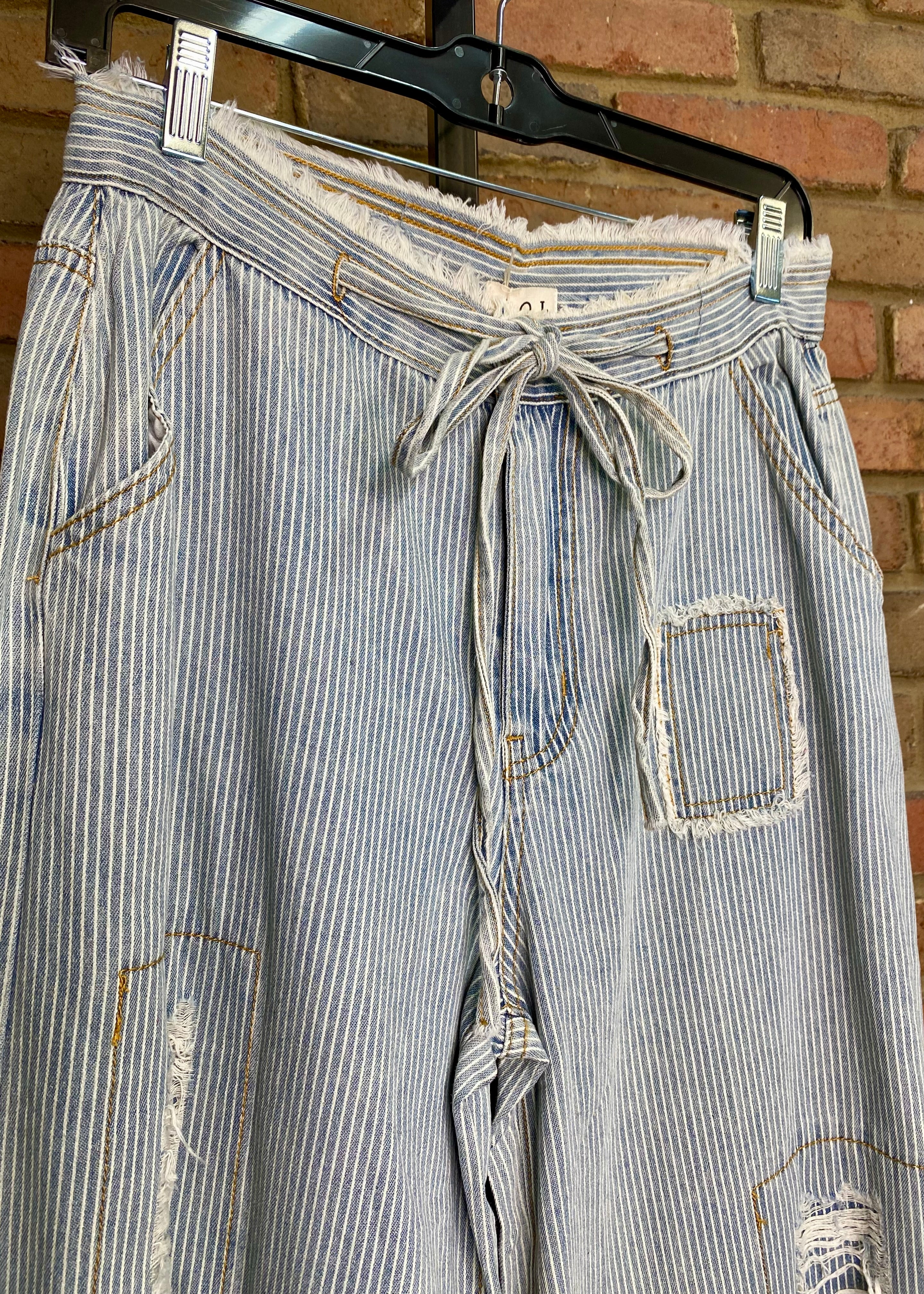 Wide Leg Pinstripe Distressed Drawstring Pant  