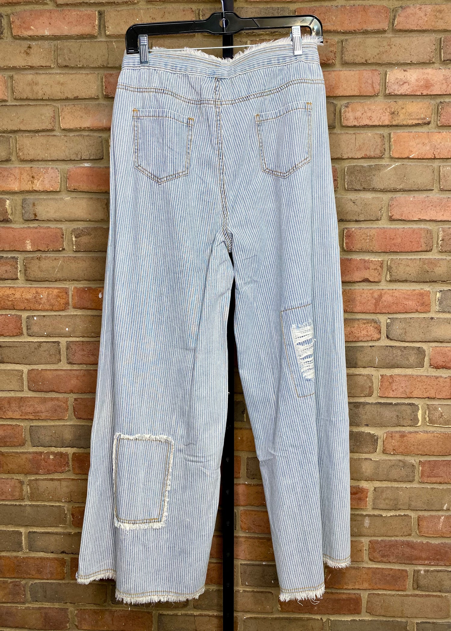 Wide Leg Pinstripe Distressed Drawstring Pant  