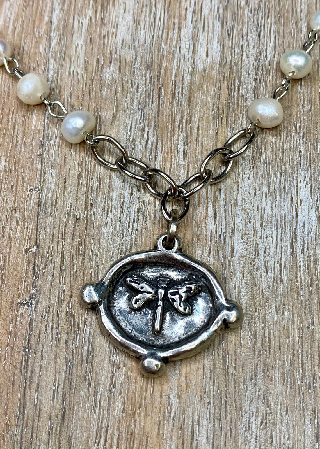 Silver Dragonfly Pendant on Pearl Necklace