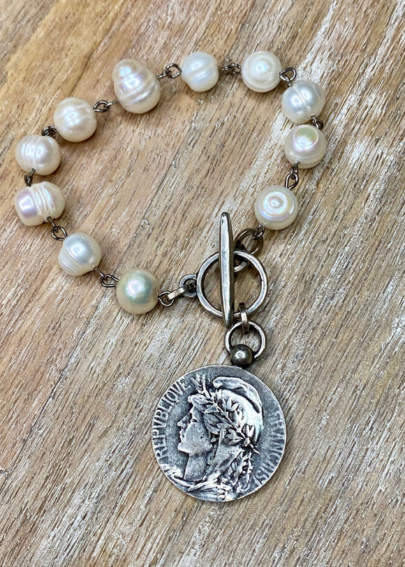 Coin Drop on Pearl Toggle Bracelet