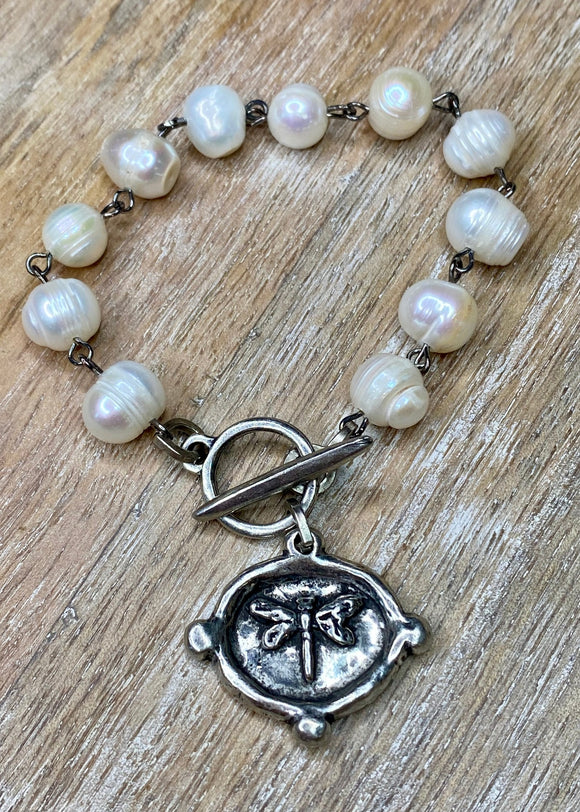 Silver Dragonfly Pearl Toggle Bracelet