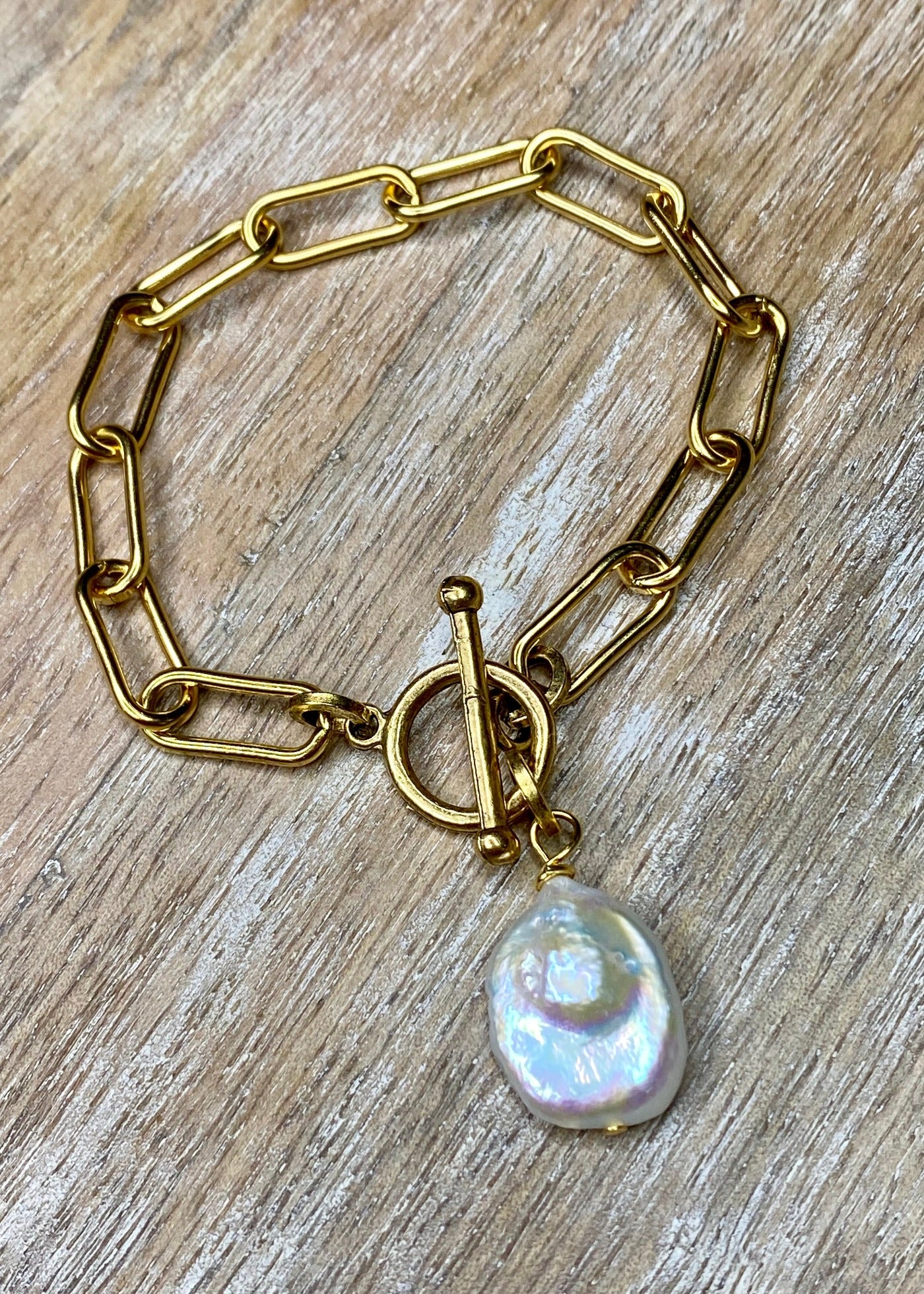Freshwater Pearl Drop on Paperclip Toggle Bracelet - Vintage Vault Boutique