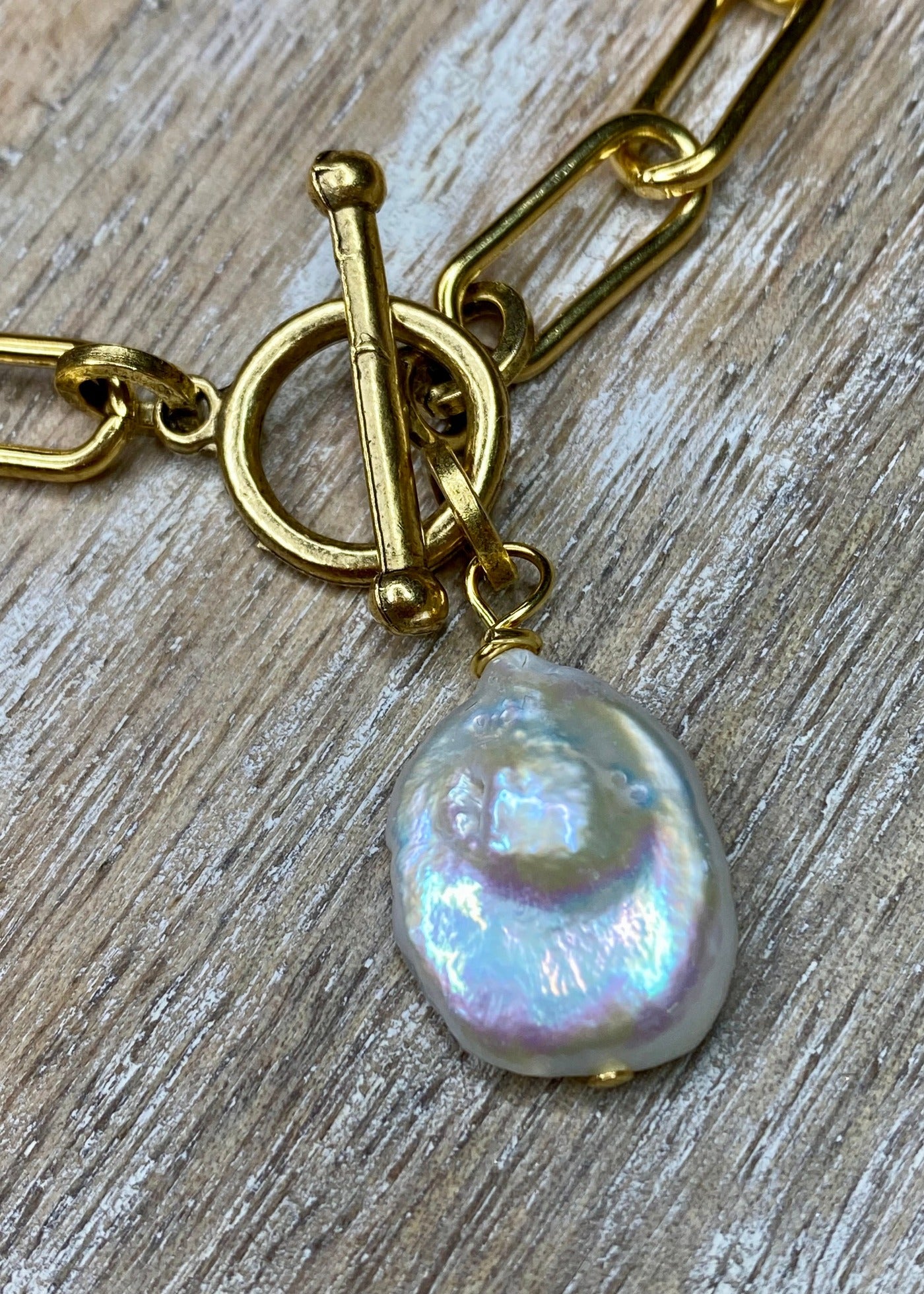 Freshwater Pearl Drop on Paperclip Toggle Bracelet - Vintage Vault Boutique