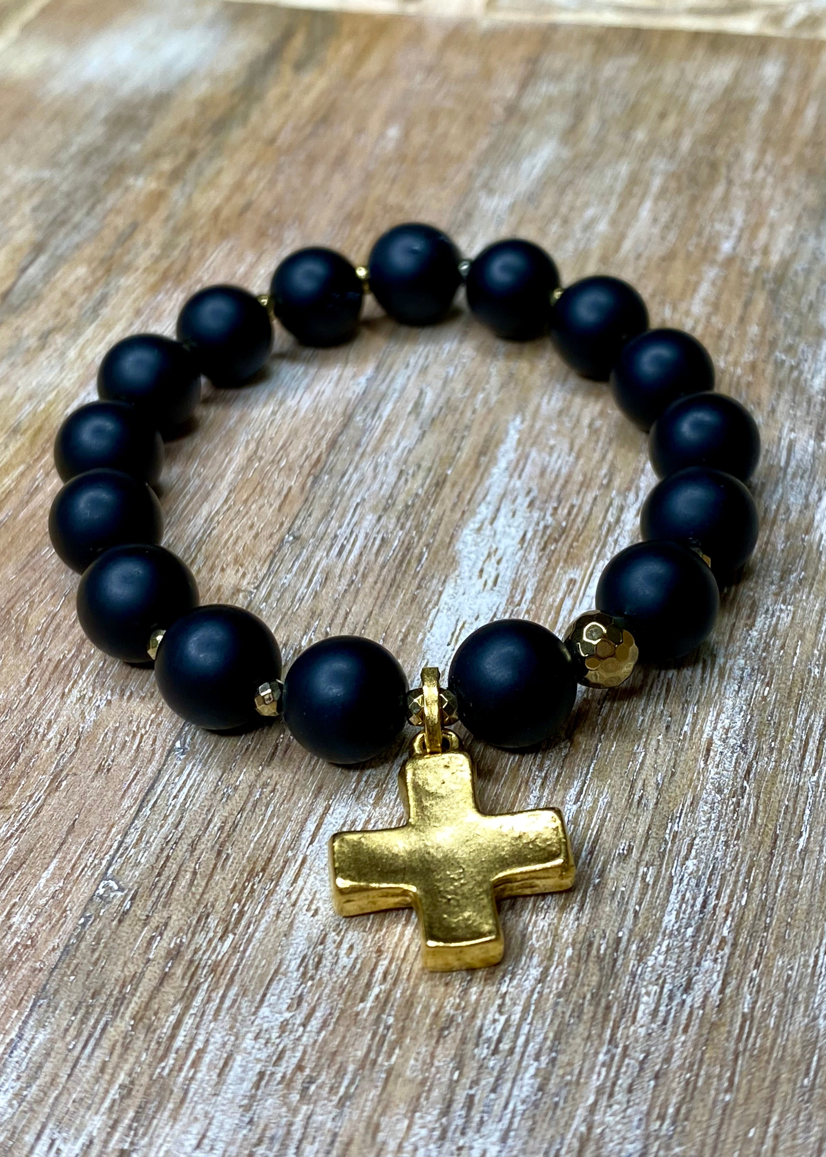 Gold Cross Black Bead Stretch Bracelet