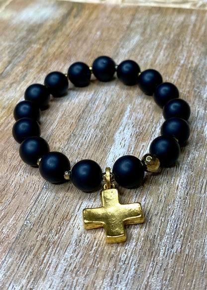 Gold Cross Black Bead Stretch Bracelet