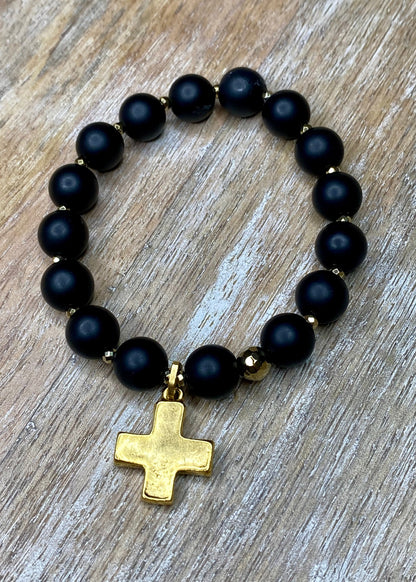 Gold Cross Black Bead Stretch Bracelet