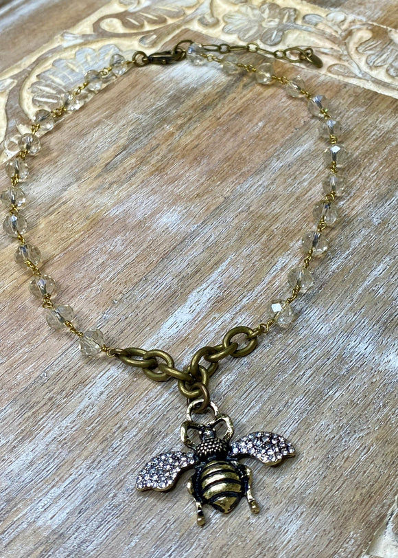 Pave Winged Bee on Crystal Beaded Necklace