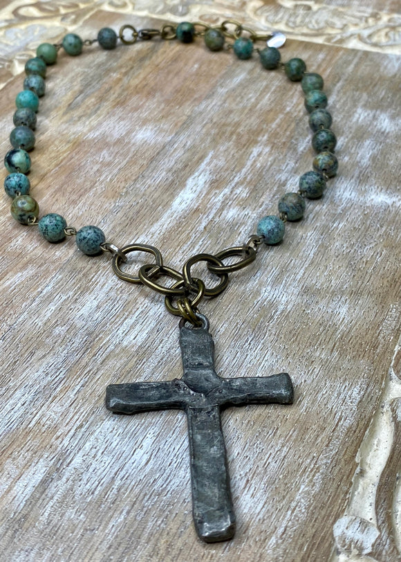 Rustic Cross on African Turquoise Necklace