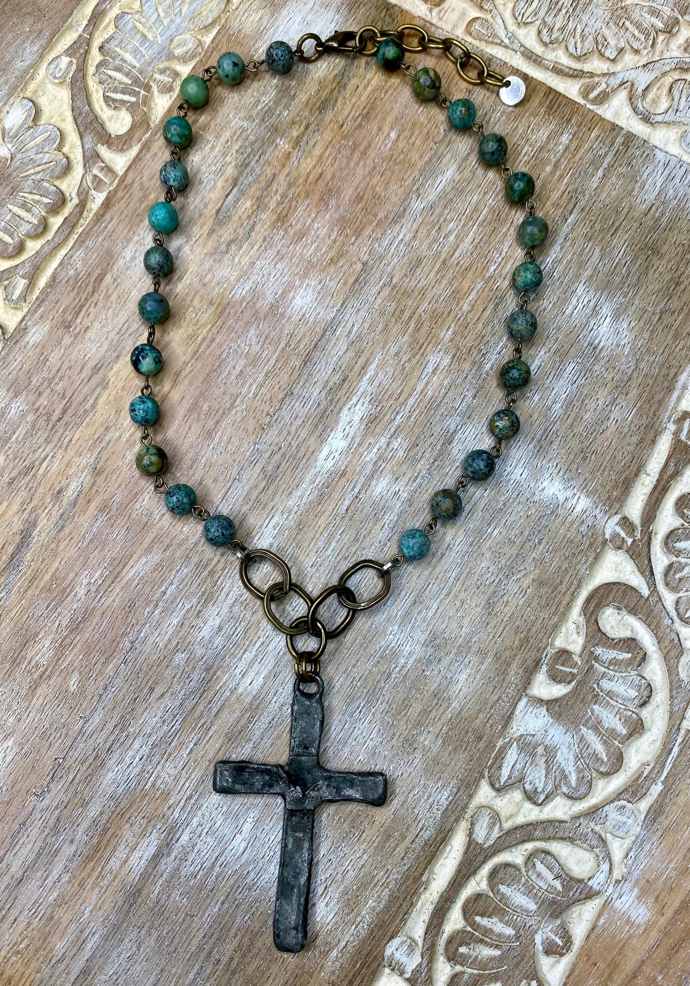 Rustic Cross on African Turquoise Necklace