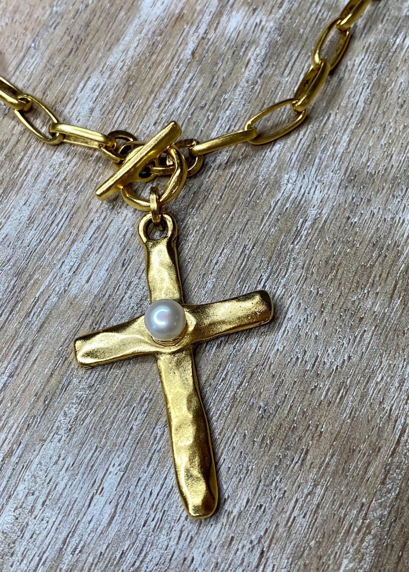 Golden Cross with Pearl on Paperclip Chain