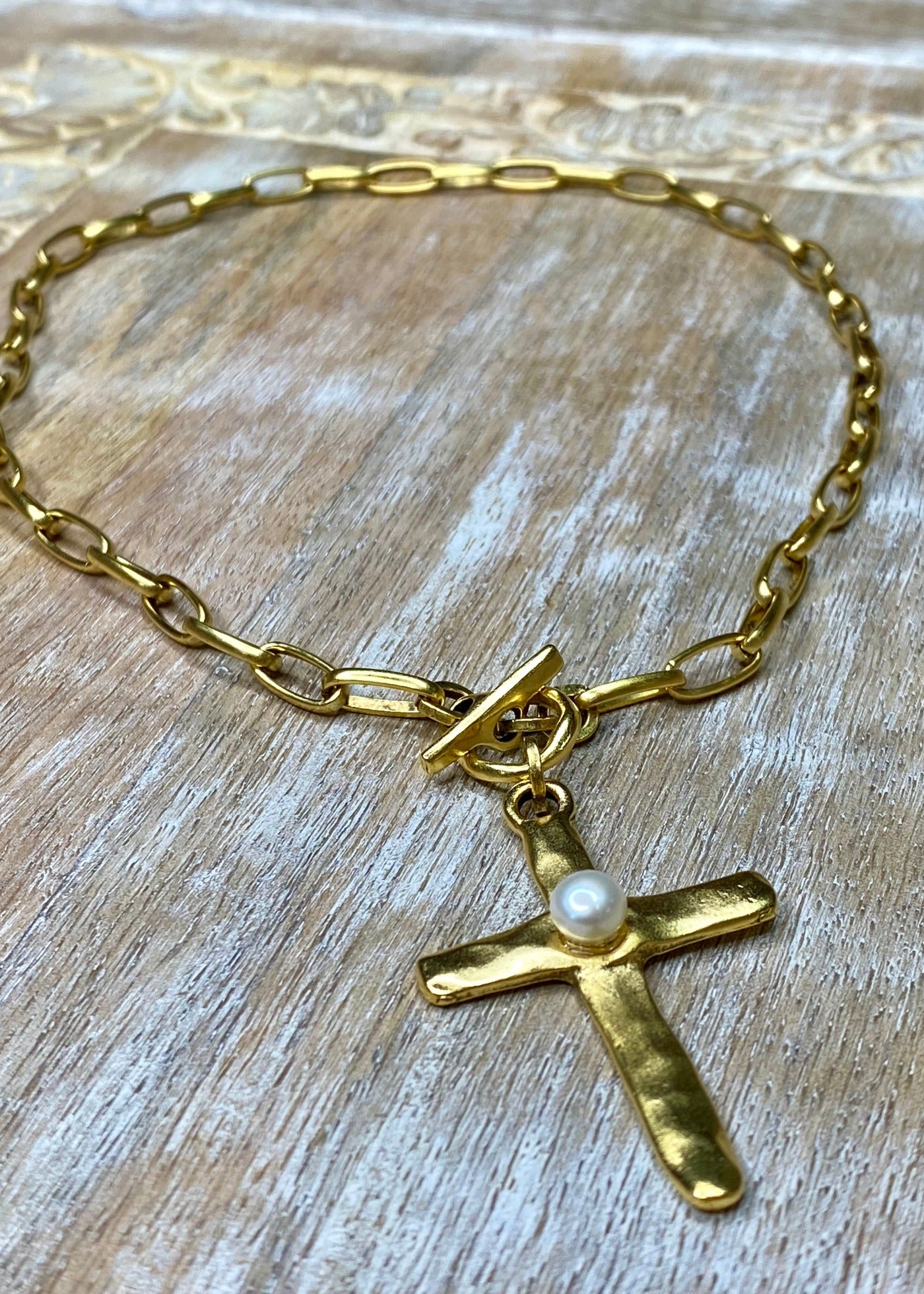 Golden Cross with Pearl on Paperclip Chain