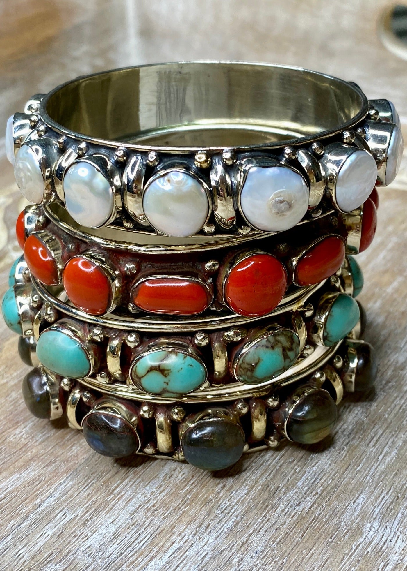 Semi Precious Stone and Silver Bangle Bracelet - Vintage Vault Boutique