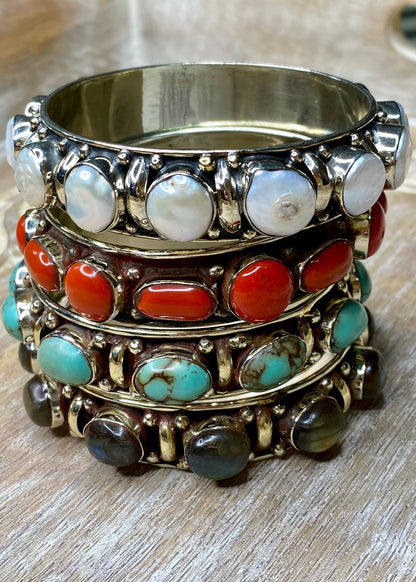 Semi Precious Stone and Silver Bangle Bracelet