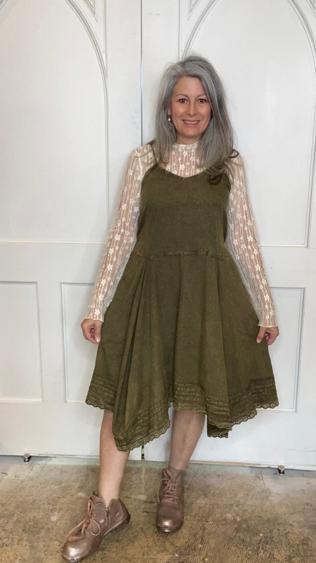 Fit and Flare Tank Dress with Tucks and Lace M & XL