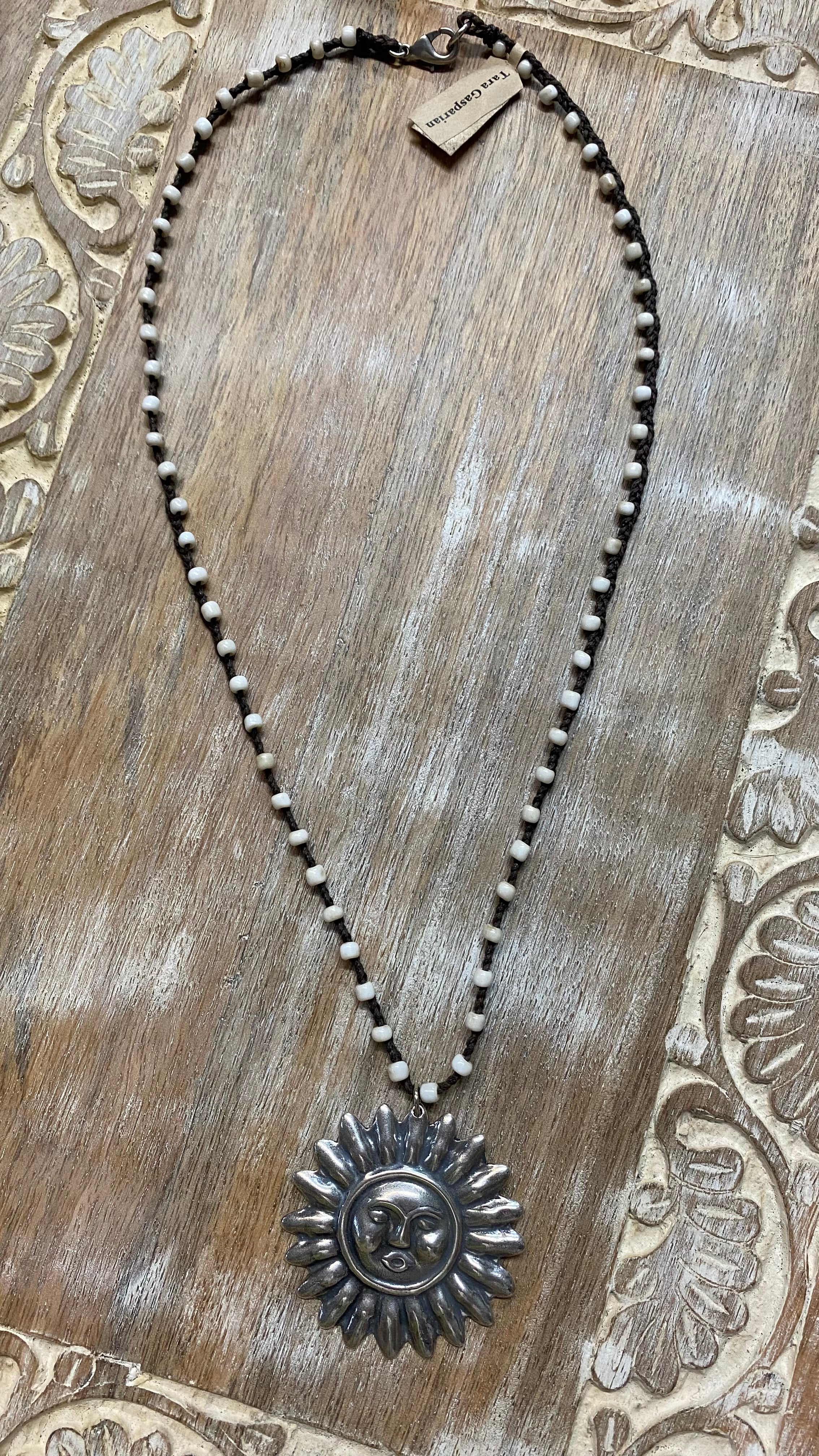 Silver Sun on Tied Beaded Necklace