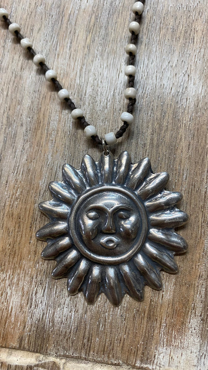 Silver Sun on Tied Beaded Necklace