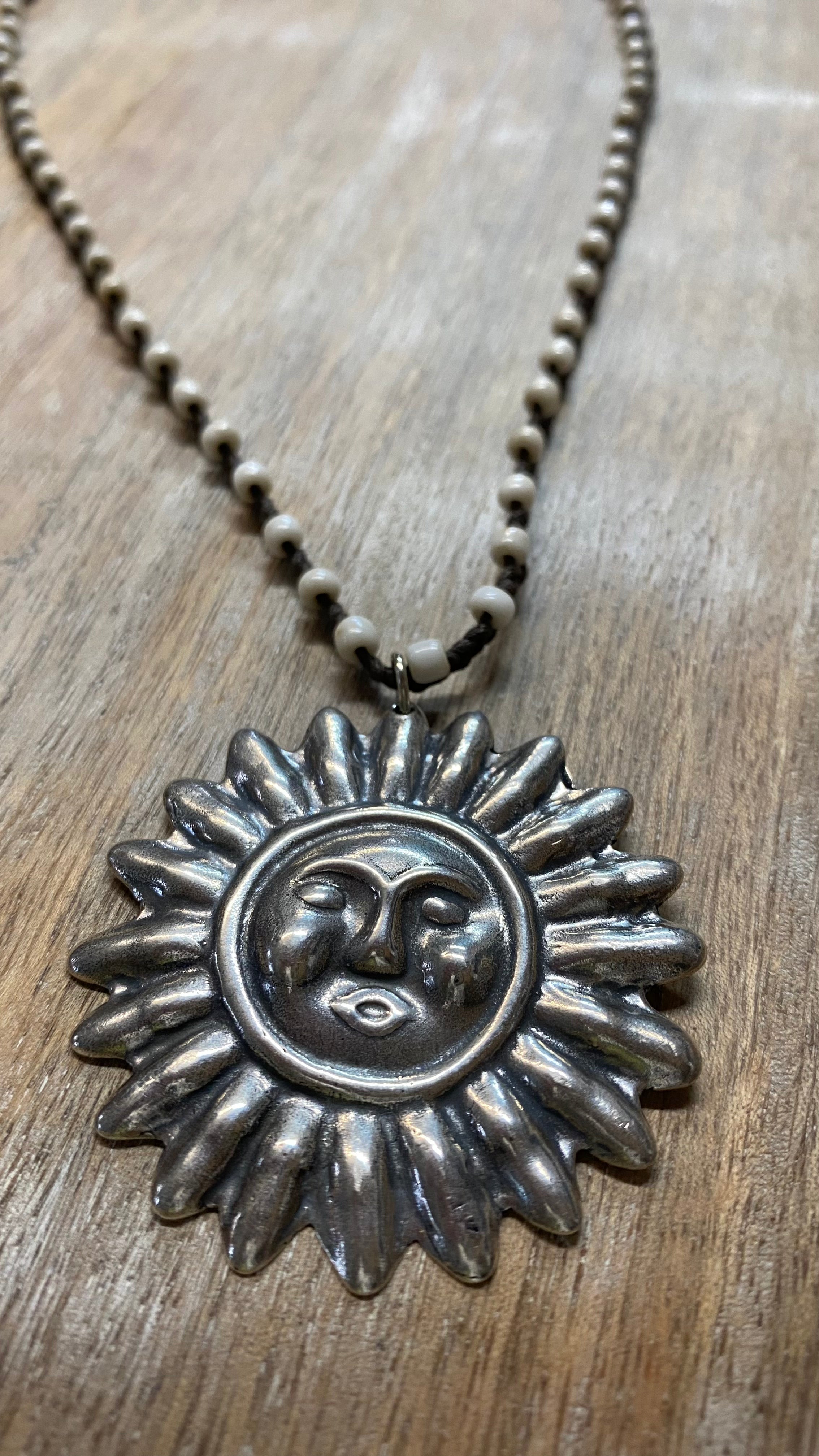 Silver Sun on Tied Beaded Necklace