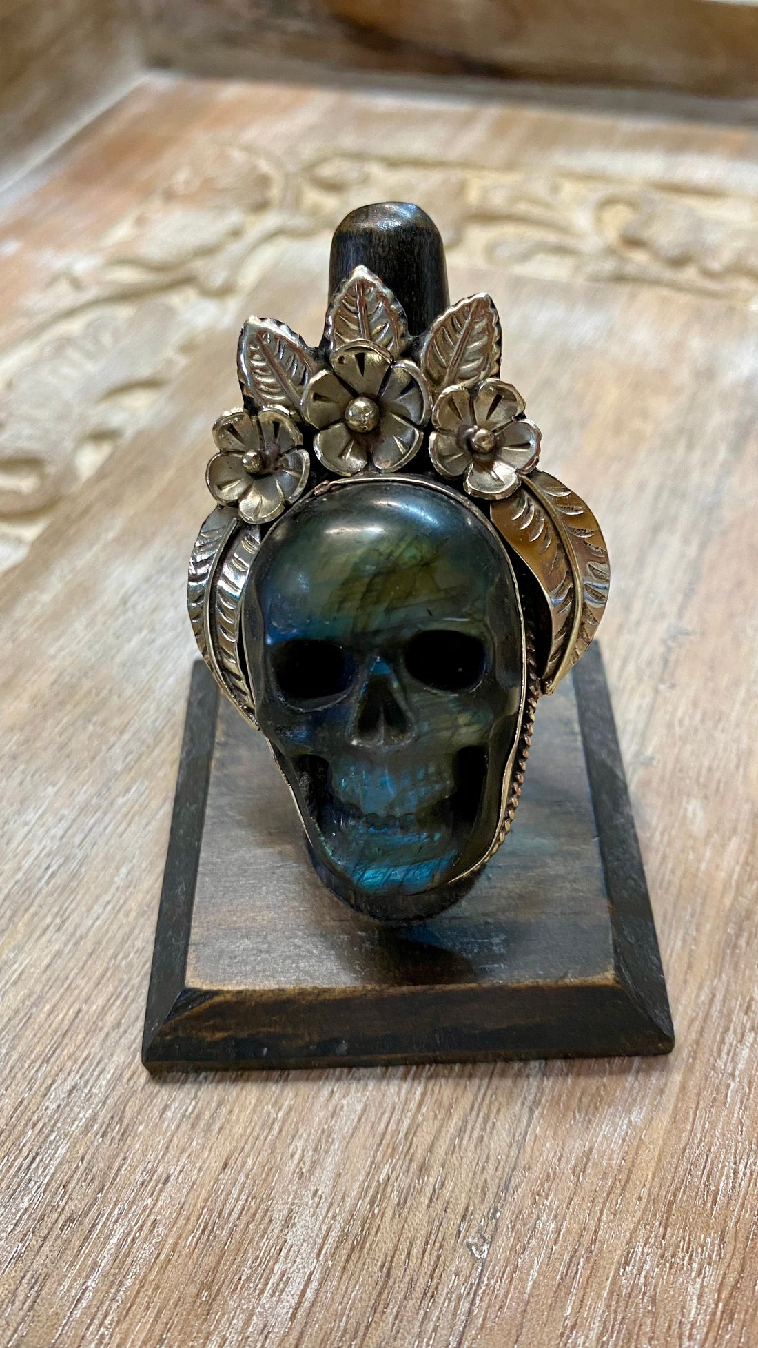 Labradorite Skull with Floral Ring