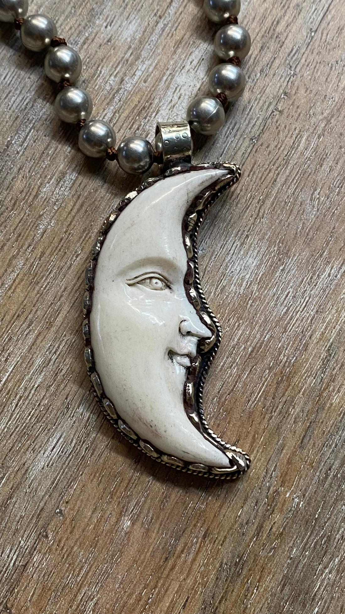 Moon Face on Silver Beads Necklace