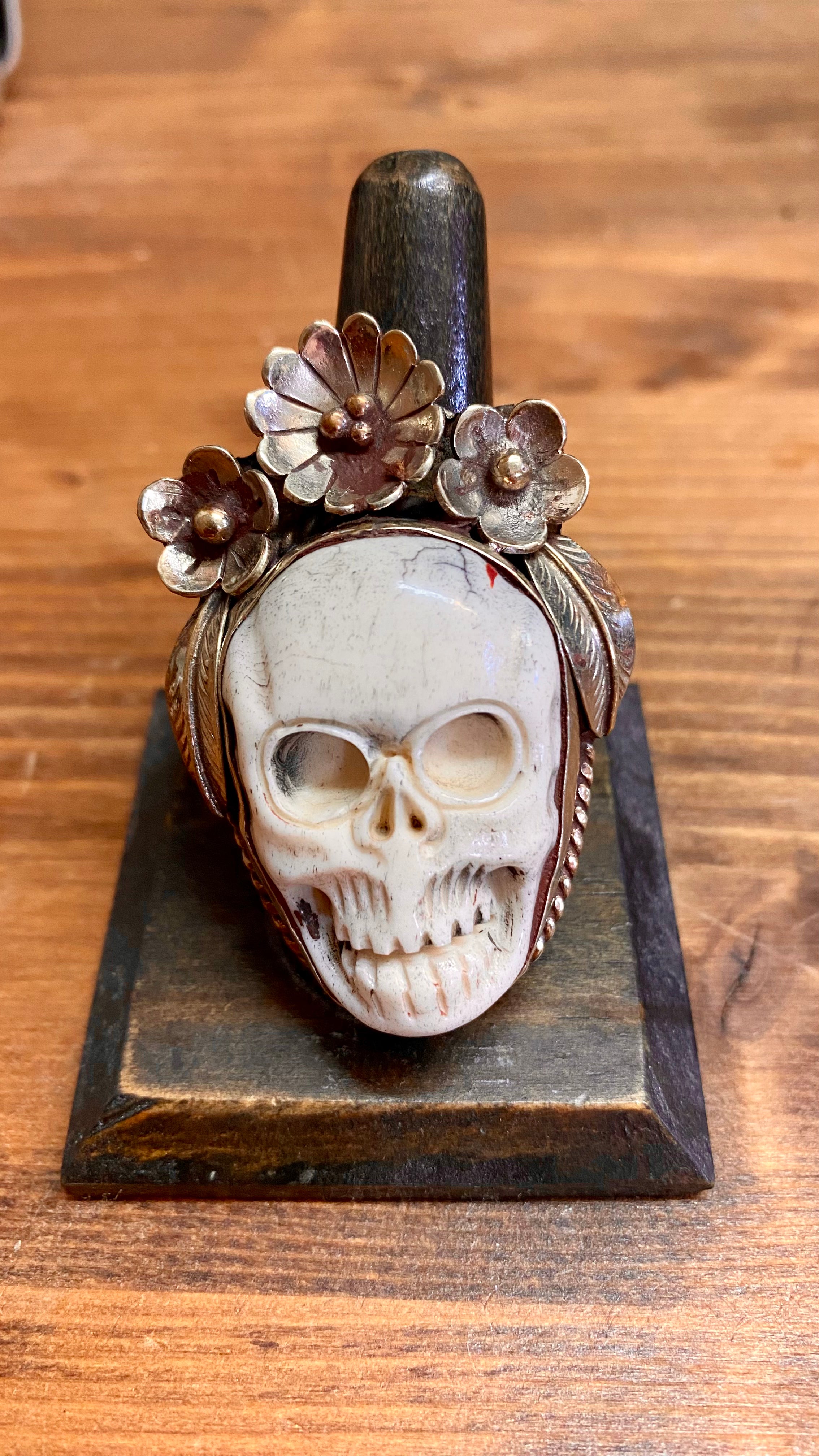 Bone Skull with Floral Ring