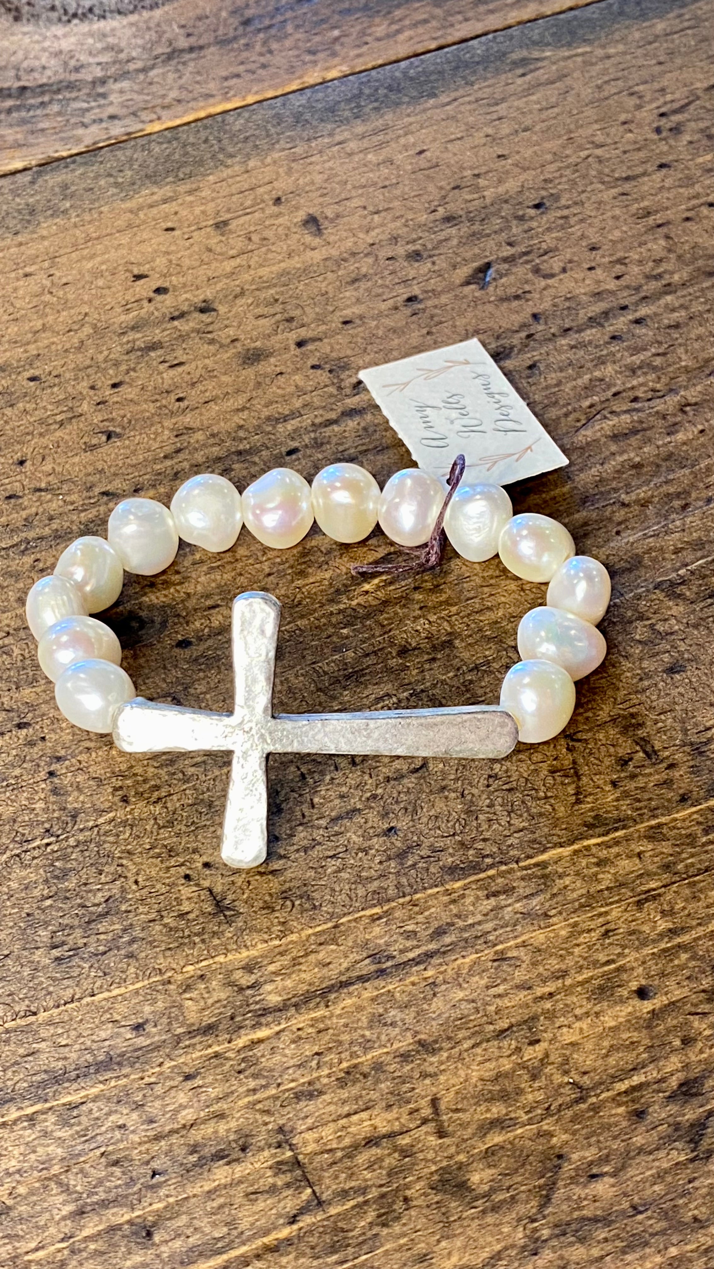 Hammered Cross &amp; Freshwater Pearl Bracelet