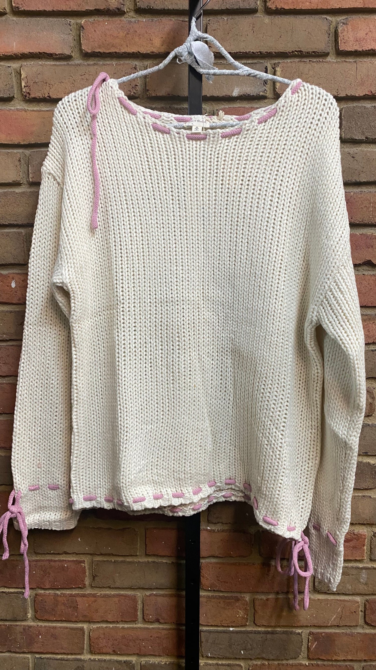 Cream Pink Tie Sweater 