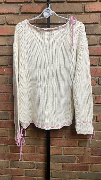 Cream Pink Tie Sweater 