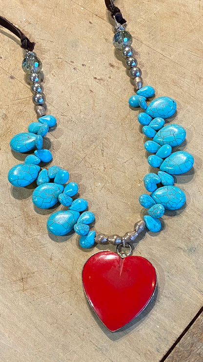 Red Heart and Turquoise Necklace