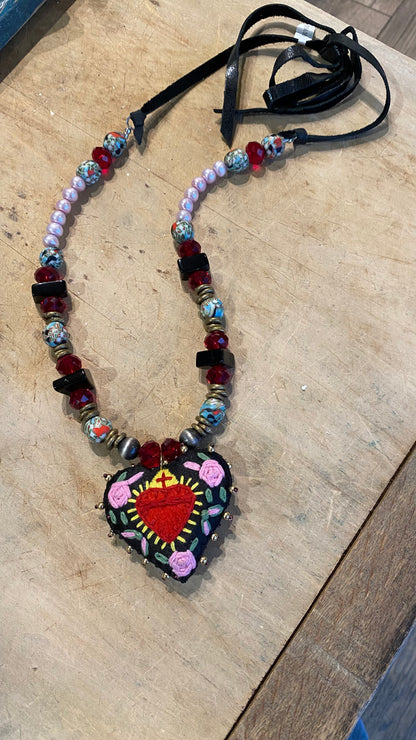 Fabric Embroidery Heart Necklace