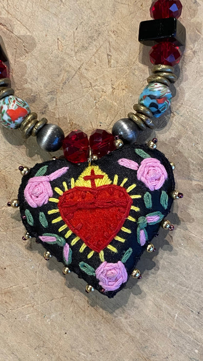 Fabric Embroidery Heart Necklace