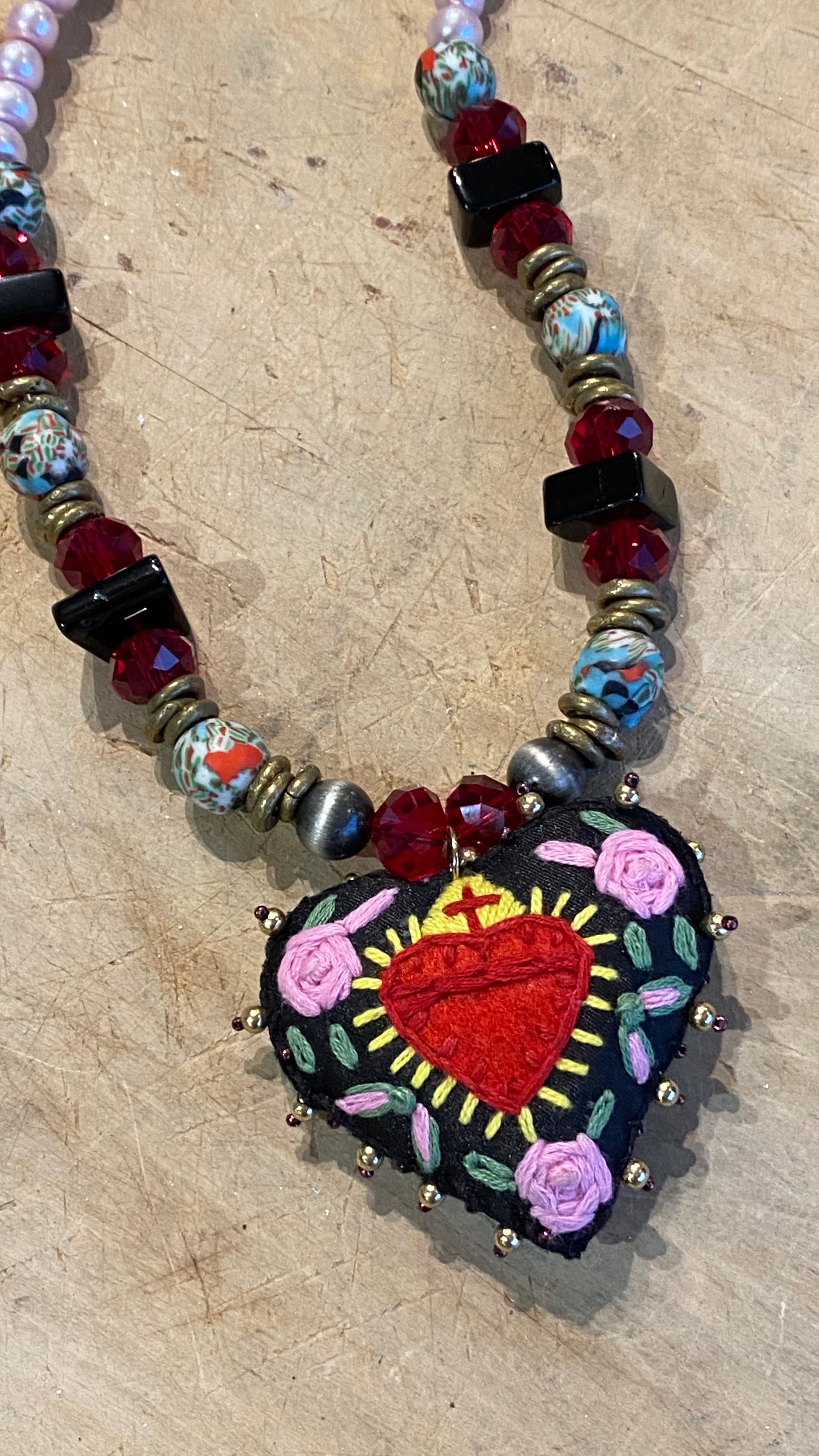 Fabric Embroidery Heart Necklace