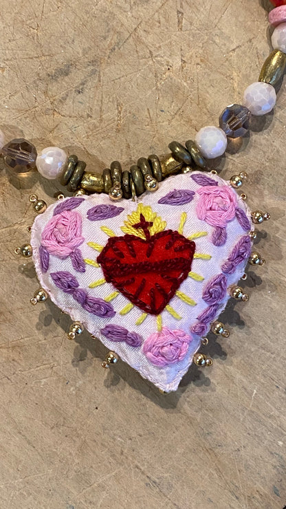 Fabric Embroidery Heart Necklace