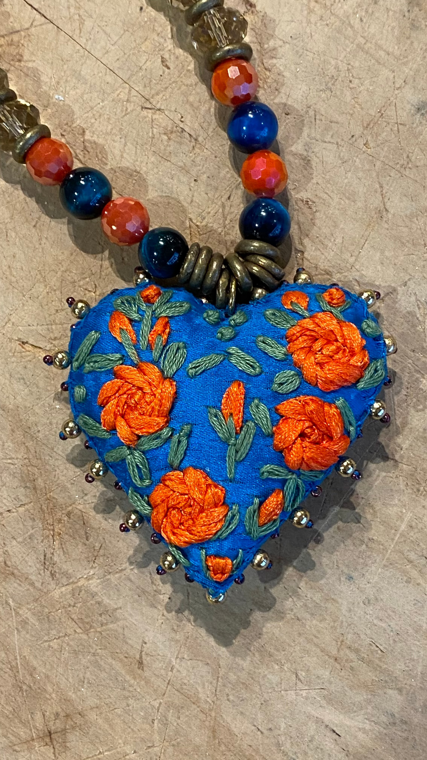 Fabric Embroidery Heart Necklace