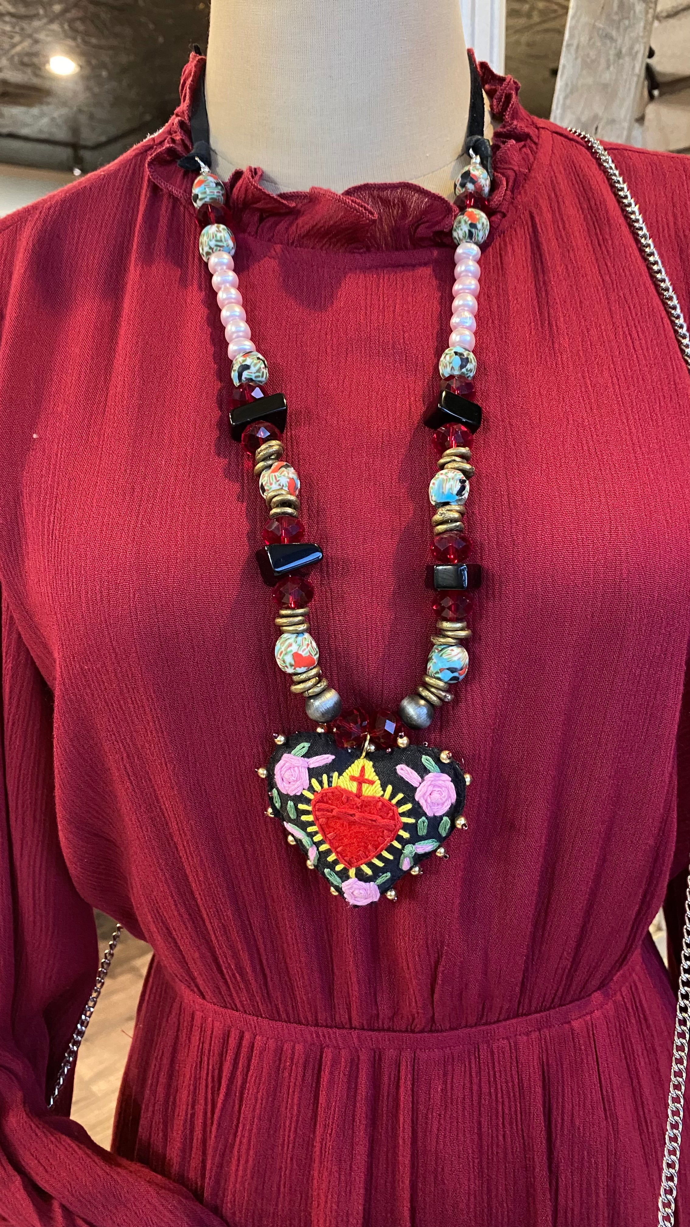 Fabric Embroidery Heart Necklace